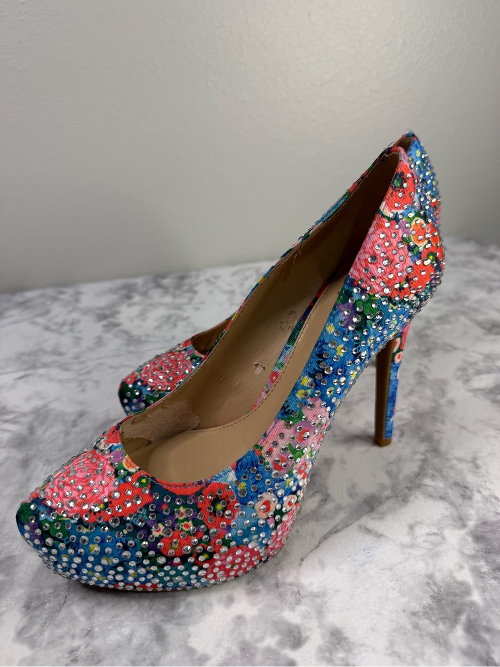 Gianni Bini Pink Blue Floral Crystal High 5 in Stiletto Heel Pumps SZ 8